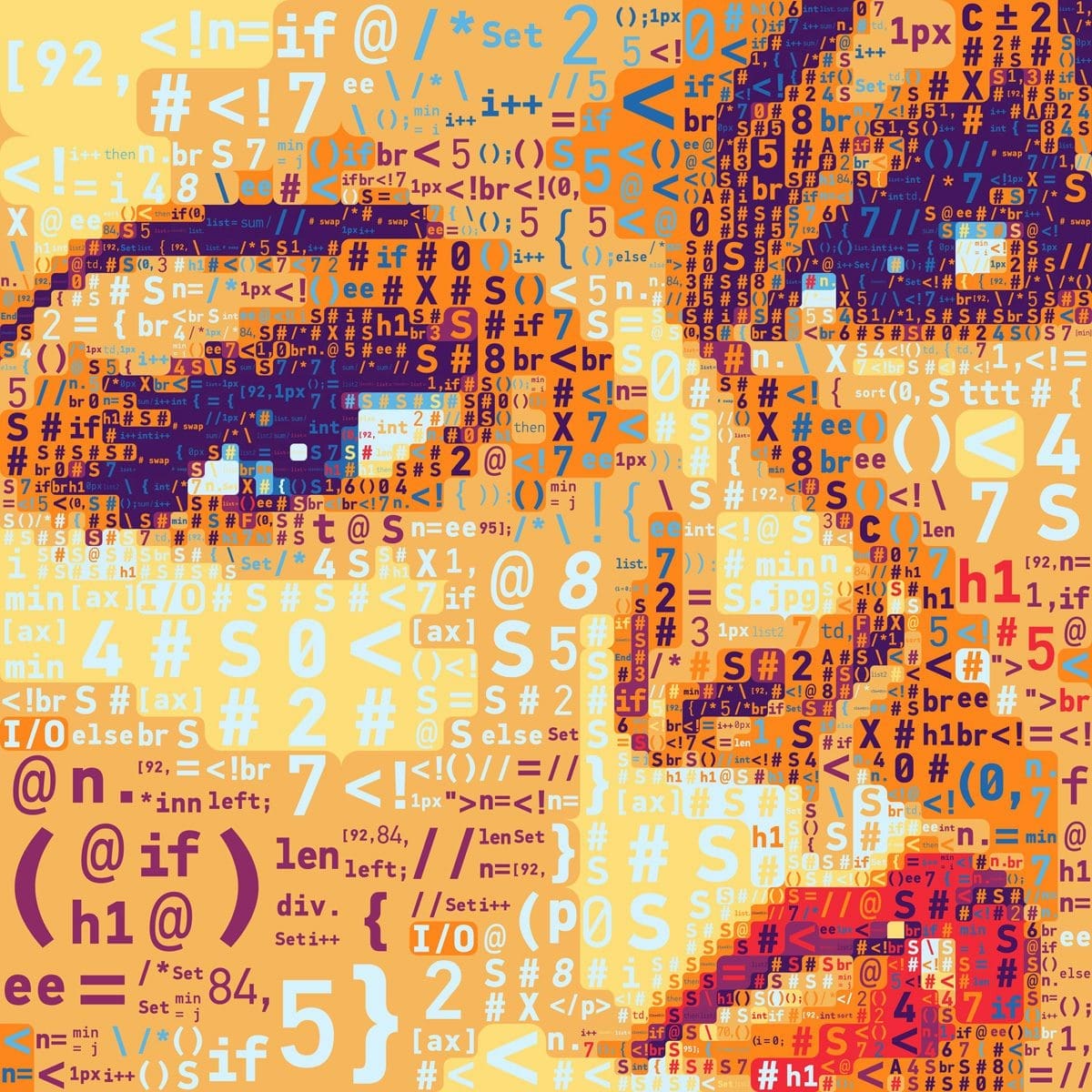 A mosaic portrait of Rosie the Riveter made out of code. Created by Charis Tsevis for an article on Mother Jones magazine.