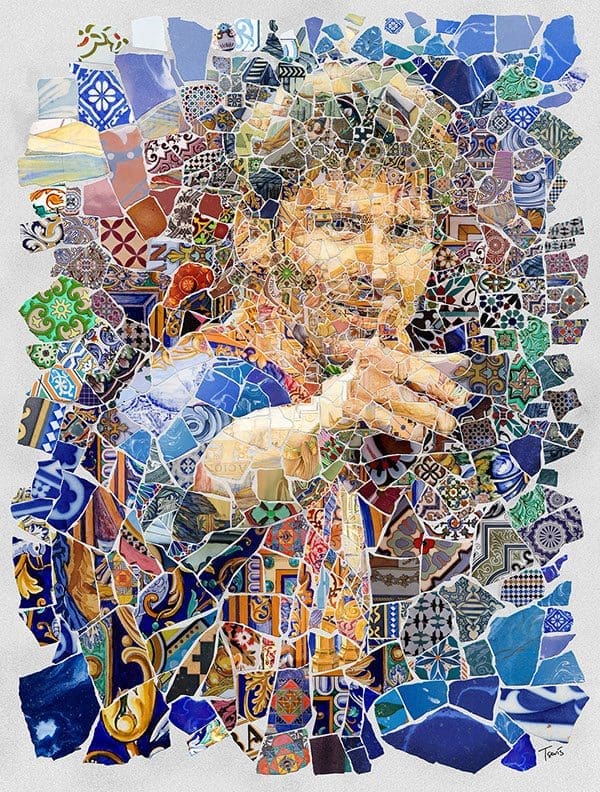 A portrait of Lionel Messi created using the Trencadís technique. Trencadis is type of mosaic used in Catalan modernism, created from broken tile shards. It is the most characteristic art form forever combined with the city of Barcelona. So it came naturally to me to use the digital version of Trencadís to create this series of tributes to Lio Messi.